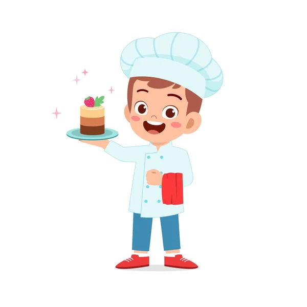 Happy Cute Little Kid Boy Girl Wear Chef Uniform Cooking — Stock Vector