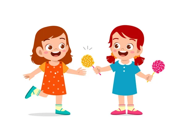 Šťastný Roztomilý Malý Kluk Dívka Sdílení Potravin Pro Přítele — Stockový vektor