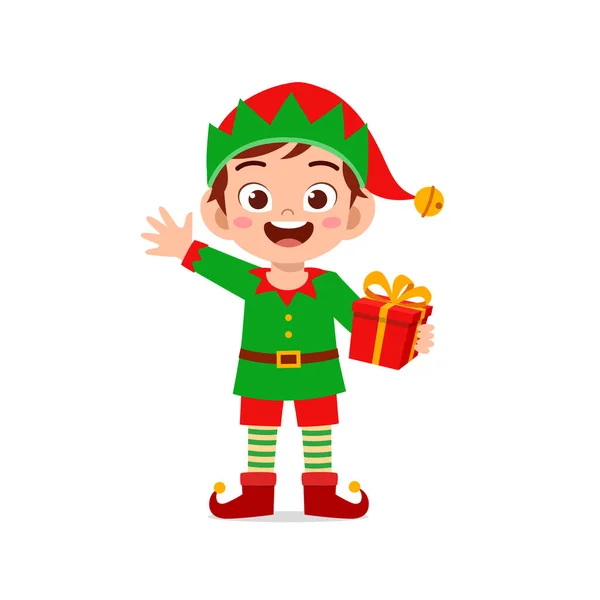 Happy Cute Little Kid Boy Girl Wearing Green Elf Christmas — Stock Vector