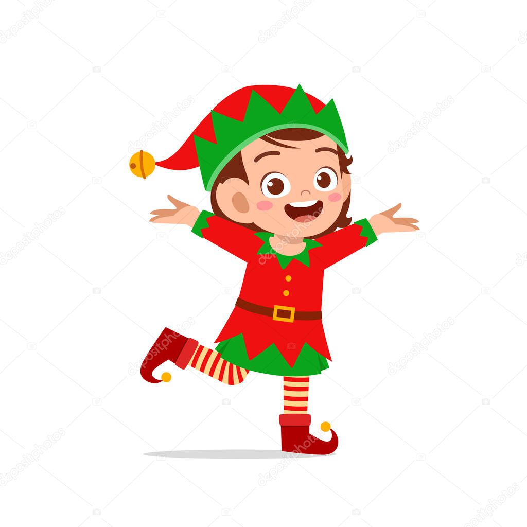 happy cute little kid boy and girl wearing green elf christmas costume