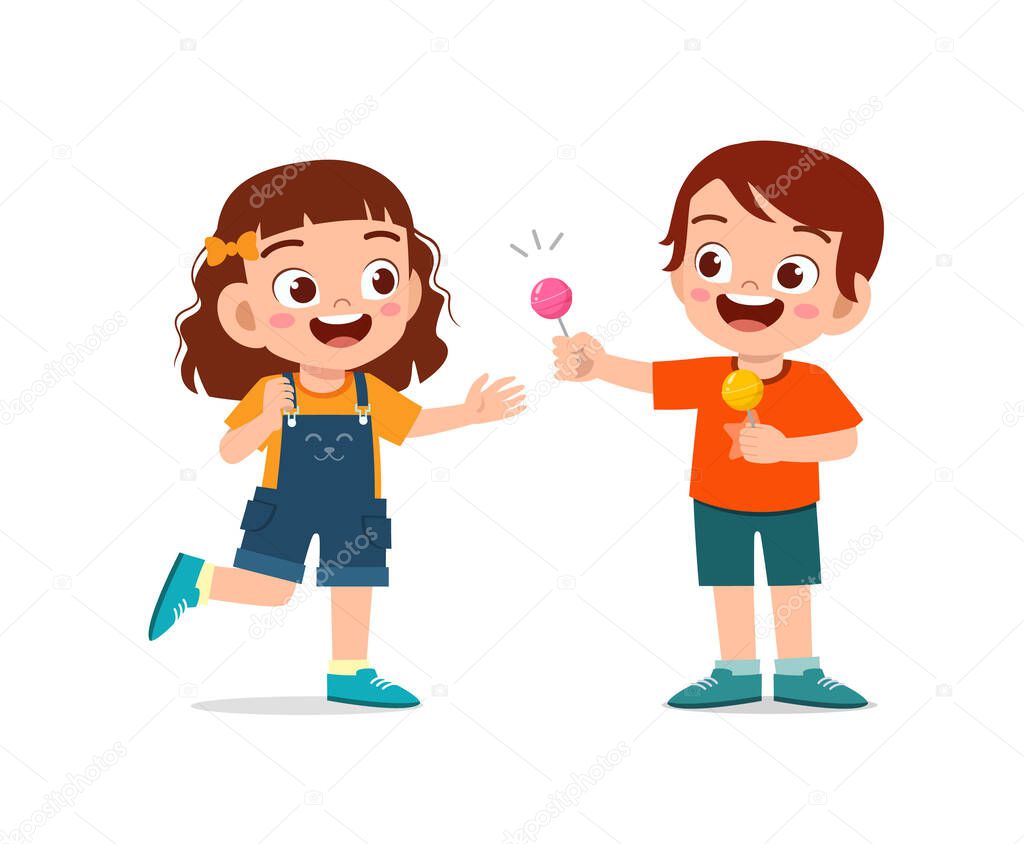 happy cute little kid boy and girl sharing food to friend