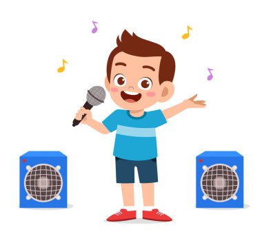 Küçük çocuk sahnede güzel bir şarkı söylüyor.