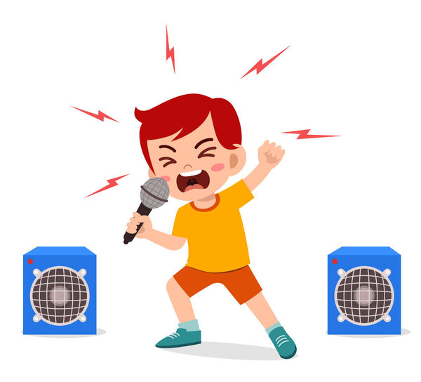 little boy sing a song on stage and screaming