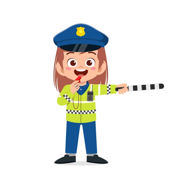 Happy Cute Little Kid Girl Wearing Police Uniform Manage Traffic — Stock Vector