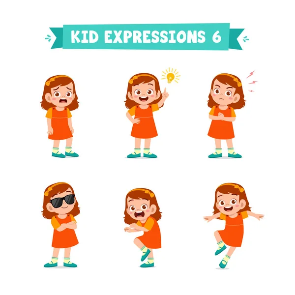 Cute Little Kid Girl Various Expressions Gesture Set — Stock Vector