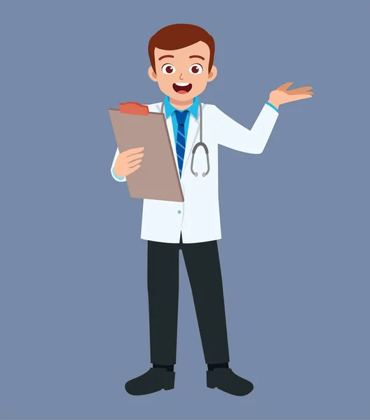 Nice Good Looking Young Doctor Standing Explain Pose — Stock Vector