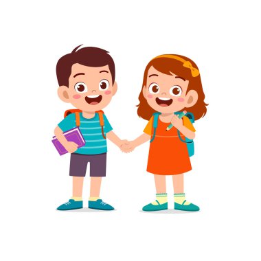 Küçük şirin çocuk arkadaşıyla el ele tutuşuyor.