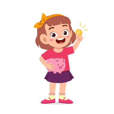 Sevimli küçük kız domuz kumbarası ve altın para taşıyor.