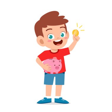 Sevimli küçük çocuk domuz kumbarası ve altın para taşıyor.