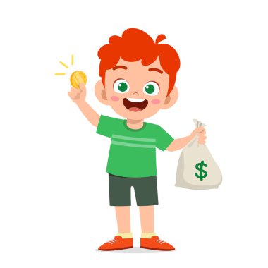 Sevimli küçük çocuk para ve para dolu çanta taşıyor.