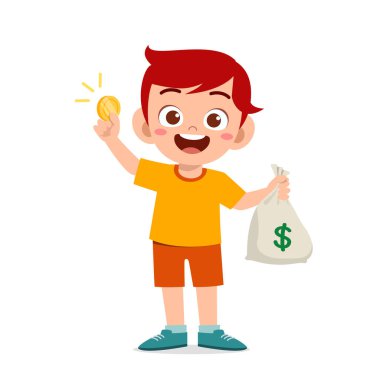 Sevimli küçük çocuk para ve para dolu çanta taşıyor.
