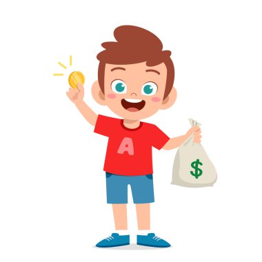 Sevimli küçük çocuk para ve para dolu çanta taşıyor.