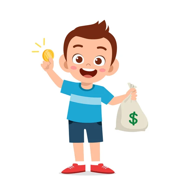 Netter Kleiner Junge Trägt Tasche Mit Bargeld Und Münze — Stockvektor