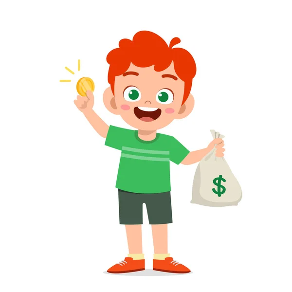 Menino Pequeno Bonito Levar Saco Dinheiro Moeda — Vetor de Stock