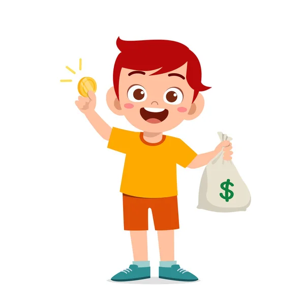 Милый Маленький Мальчик Носит Сумку Деньгами Монетами — стоковый вектор