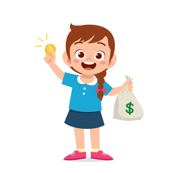 Gadis Kecil Yang Lucu Membawa Tas Uang Tunai Dan Koin - Stok Vektor