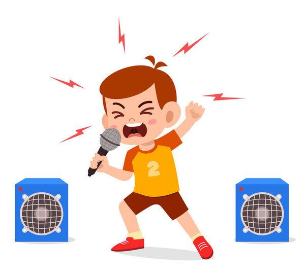 little boy sing a song on stage and screaming