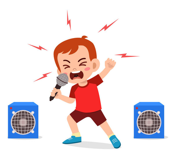 little boy sing a song on stage and screaming