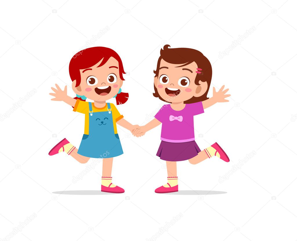 cute little kid girl holding hand with her friend