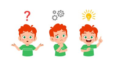 Mutlu, şirin çocuk. Düşünme ve arama fikri.