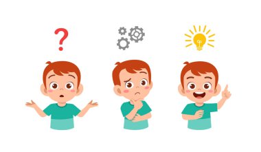 Mutlu, şirin çocuk. Düşünme ve arama fikri.