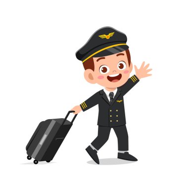 Pilot üniforması giyen mutlu, küçük çocuk.
