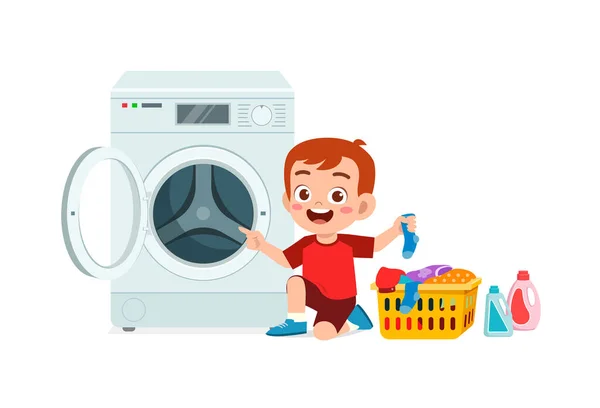 Feliz Lindo Niño Hacer Lavandería Con Lavadora — Vector de stock