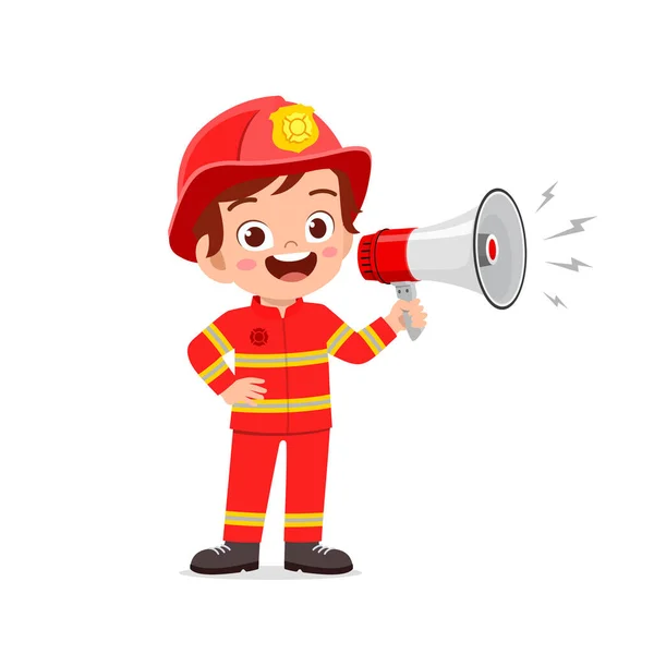 Счастливый Милый Маленький Ребенок Форме Пожарного Держа Мегафон — стоковый вектор