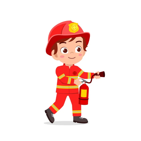 Gelukkig Schattig Klein Kind Dragen Brandweerman Uniform Houden Brandblusser — Stockvector
