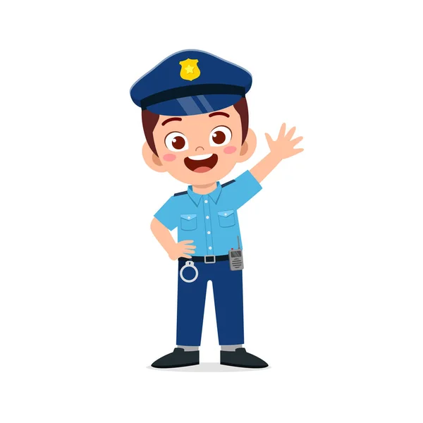 Happy Cute Little Kid Boy Wearing Police Uniform — Stock Vector