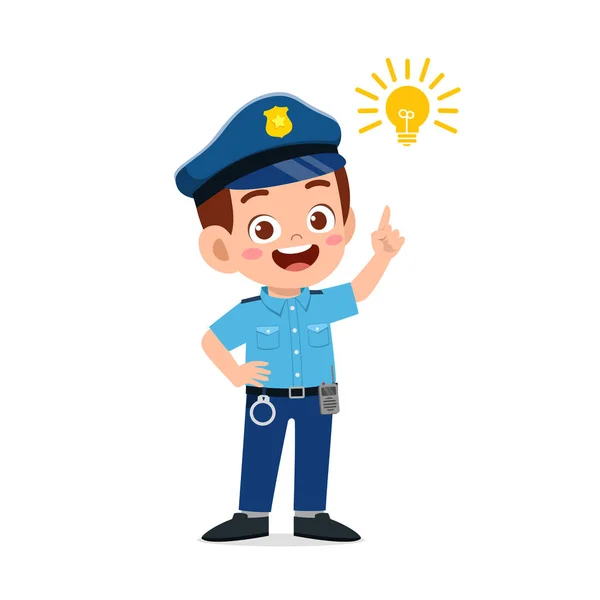 Heureux Petit Garçon Mignon Portant Uniforme Police Penser Avec Ampoule — Image vectorielle