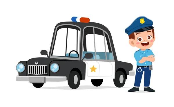 Happy Cute Little Kid Boy Wearing Police Uniform Stand Car — Stock Vector