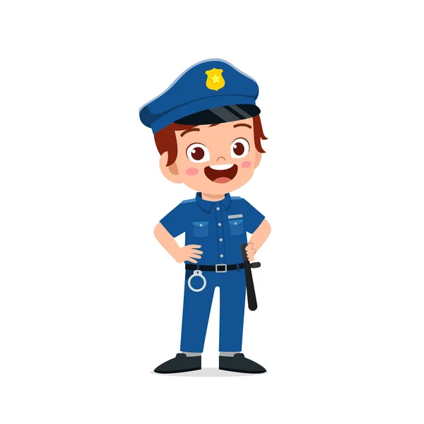 Happy Cute Little Kid Boy Wearing Police Uniform — Stock Vector