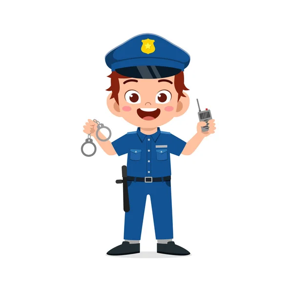 Happy Cute Little Kid Boy Wearing Police Uniform — Stock Vector