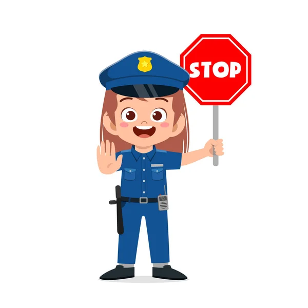 Happy Cute Little Kid Girl Wearing Police Uniform Holding Stop — Stock Vector