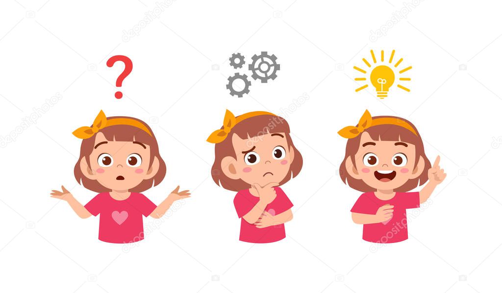 happy cute little kid girl thinking and searching idea process