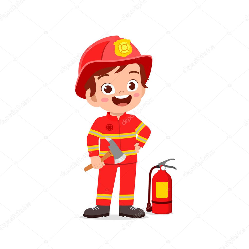 happy cute little kid wearing firefighter uniform and holding axe