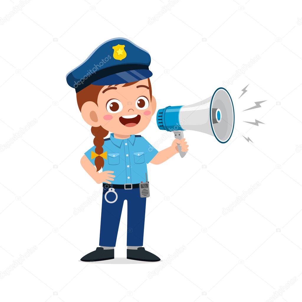 happy cute little kid girl wearing police uniform and holding megaphone