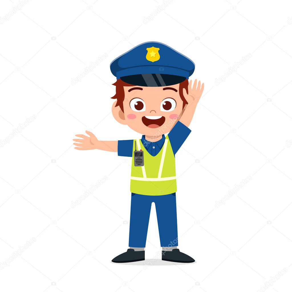 happy cute little kid boy wearing police uniform and manage traffic