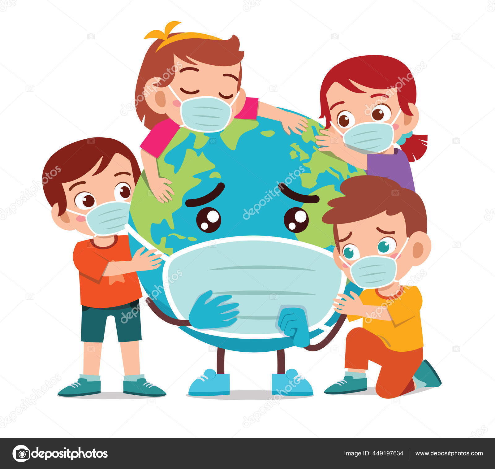 Sad Cartoon Earth Using Masker Kid Boy Girl Stock Vector Image by  ©colorfuelstudio #449197634