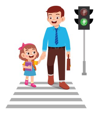 Mutlu küçük kız babasıyla karşıdan karşıya geçiyor.