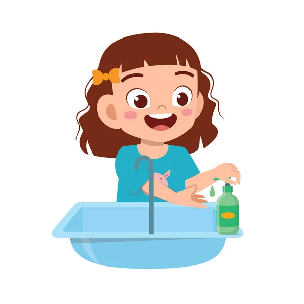 Happy Cute Little Kid Girl Wash Hand Sink — Stock Vector