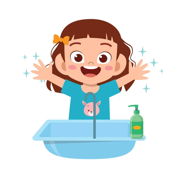 Ευτυχισμένο Χαριτωμένο Κοριτσάκι Πλύνετε Χέρι Στο Νεροχύτη — Διανυσματικό Αρχείο