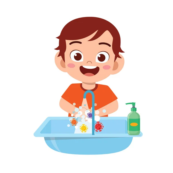 Happy Cute Little Kid Boy Wash Hand Sink — Stock Vector