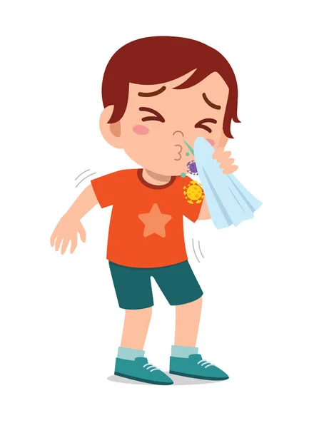 Triste Lindo Niño Pequeño Estornudo Causa Gripe — Vector de stock
