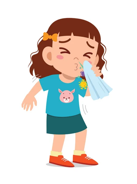 Triste Bonito Menina Criança Espirrar Por Causa Gripe — Vetor de Stock