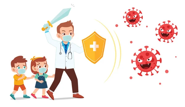 Young Doctor Fight Corona Virus Protect Kid — Stock Vector