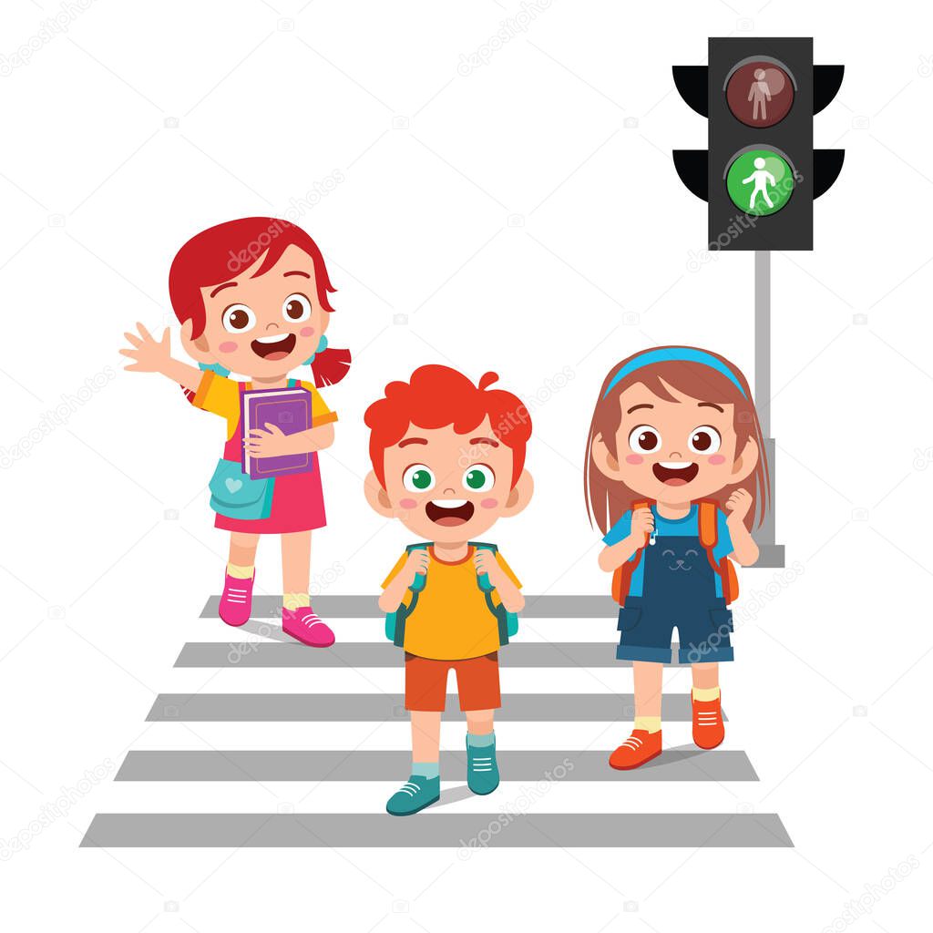 happy cute little kid boy and girl cross the road