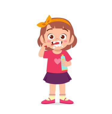 Dişlerini fırçalayan ve elinde diş macunu tutan küçük tatlı bir kız.