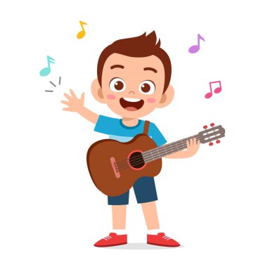 Küçük tatlı çocuk konserde gitar çalıyor.